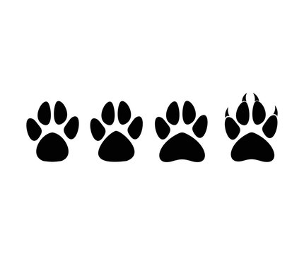 Paw print set. Paw foot trail print of animal. Silhouettes of paws, dog, cat, bear, puppy silhouette. Large set of animal steps imprints on white background vector design and illustration.
