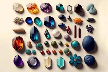 Generative AI illustration of various colorful gems laid out on table