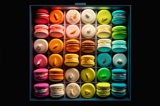 Generative AI illustration of colorful macaroons in box