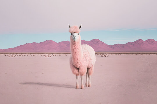 Generative AI illustration of cute pink llama in countryside