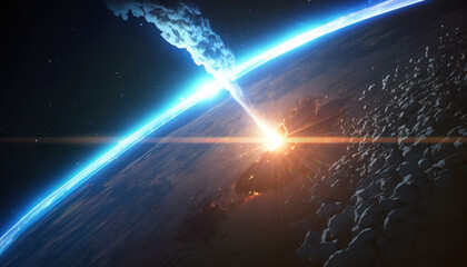 Asteroid approaching Earth and make Armagedon. Generative AI - obrazy, fototapety, plakaty