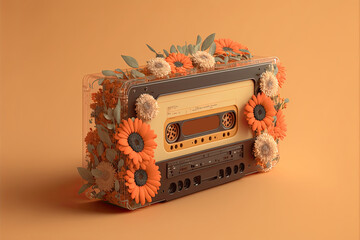 Generative AI illustration of retro music cassette covered with flowers