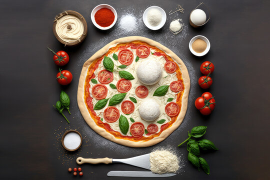Generative AI illustration of delicious homemade pizza with ingredients