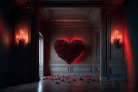 Generative AI illustration of romantic interior with red burning candles and roses