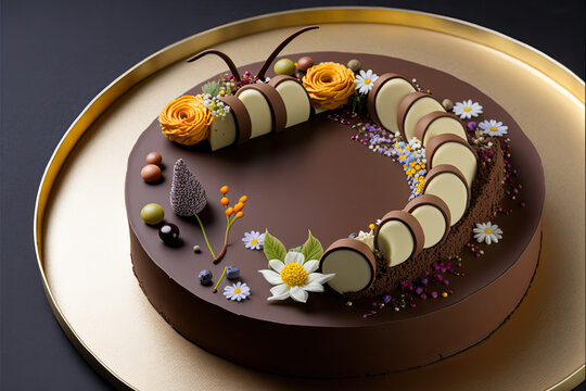 Generative AI illustration of chocolate cake on golden plate