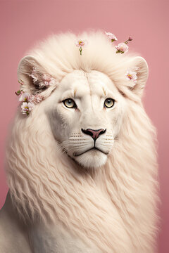 Generative AI illustration of graceful white lion with lush mane