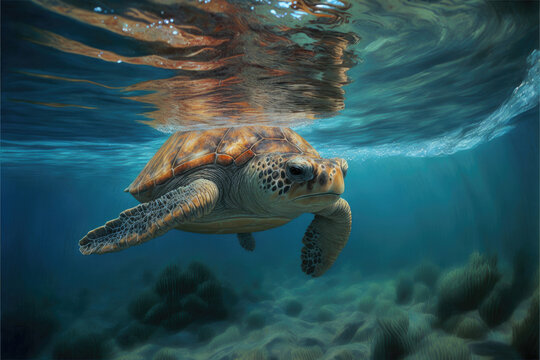 AI generated image of turtle swimming in blue sea