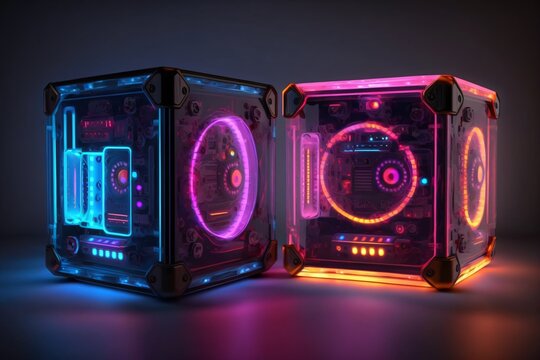 glowing techno cubes in colorful neon colors, generative ai