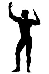 Fototapeta na wymiar black silhouette athlete bodybuilder with raised muscular arms