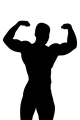 athletic bodybuilder pose double biceps black silhouette - obrazy, fototapety, plakaty