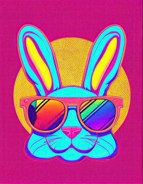 cool colourful neon pop art illustration of the year of the rabbit or the easter bunny, generative ai