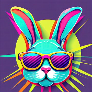 cool colourful neon pop art illustration of the year of the rabbit or the easter bunny, generative ai
