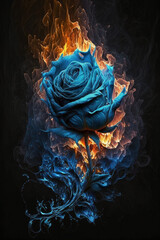 blue rose on fire in black background