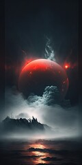 minimalistic, huge red full moon dark misty night, blood moon Generative AI