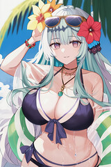 Sexy anime girl with big breasts on beach in summer on vacation. Manga style. Generative AI