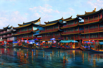 Fototapeta premium Busy Ancient Chinatown By The Canal Generative Art