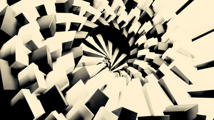 Dynamic monochrome pattern of 3D swirl of small 3d rectangles. Design. Tornado of black and white cubic shapes.