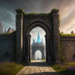 Fototapeta premium A gate leading to a mysterious and foreboding land. Great for dark fantasy, high fantasy, adventure, RPG. 