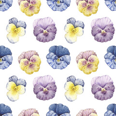 Watercolor seamless pattern with vintage illustrations of pansy flowers isolated on white.