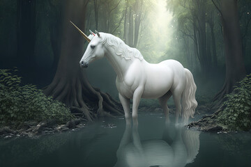 Naklejka na ściany i meble Unicorn in magic forest. Ai generated