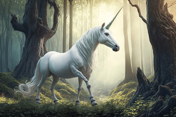 Unicorn in magic forest. Ai generated