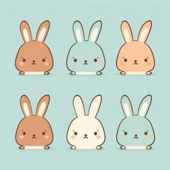 Obraz premium Cute adorable Easter bunny faces pattern in holiday illustration with funny rabbit characters heads with ears on light blue pastel background. Happy Easter concept. AI generative.