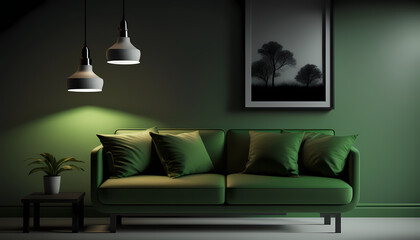 modern studio wall with couch and lamp in corner, product display, copy space