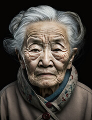Elderly Chinese lady-portrait of a old woman-Black Background-Generative AI-