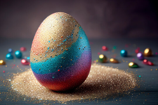 Colorful painted easter egg with glitter on dark background. Generative AI