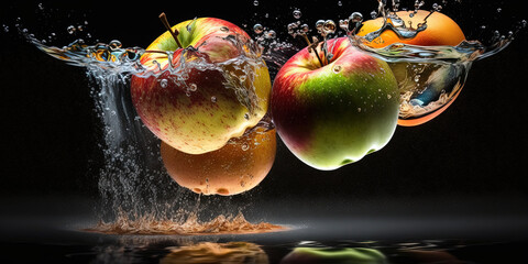 Fototapeta na wymiar Apples in water splashes. Fresh fruits. Ai generated