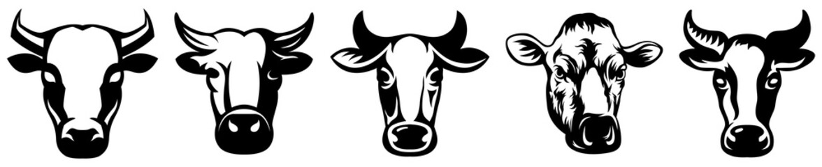 Cow head mascot variant set. Cattle logo. Farm animal illustration.
