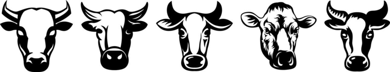 Cow head mascot variant set. Cattle logo. Farm animal illustration.