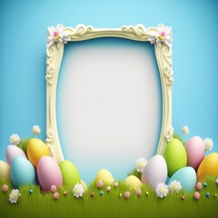 Naklejka na ściany i meble Happy Easter concept. Easter eggs decorations in spring colors design festive 3d background with mock up template empty space for ads. Holiday sale special season promotions, mockup, AI generative.