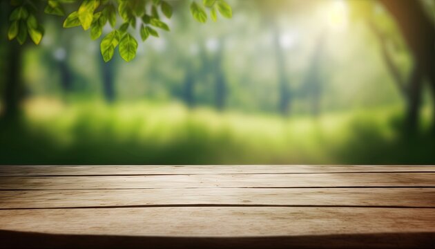 Wooden table and blurred green nature bokeh background for product.Tabletop photography: Images of various objects, such as books, plants, or stationery, arranged on a wooden tabletop.Generative AI