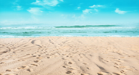 Fototapeta na wymiar Seascape, beach background. calm sea and beautiful sand with footprints