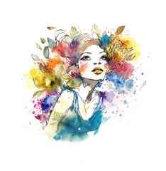 Watercolor woman portrait with flower Ai generated