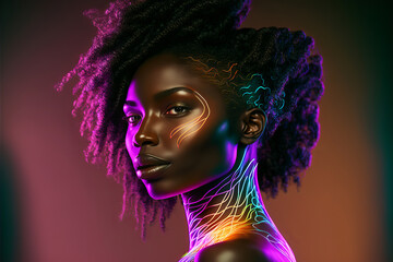 Naklejka na ściany i meble Fashion portrait beautiful black woman in neon studio lighting. Generative AI illustration