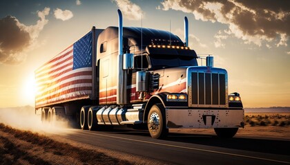 American semi truck on highway at sunset, generative ai