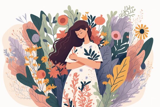 Flat design illustration of self love concept. Woman embracing herself surrounded by flowers. Generative AI illustration