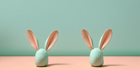 Easter bunny ears pink rabbit heads modern decoration on pastel mint green background, AI generative. Happy Easter concept. Modern minimal creative style
