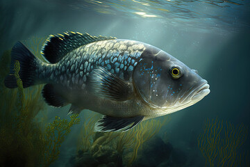 Fish in river. Underwater. Ai generated
