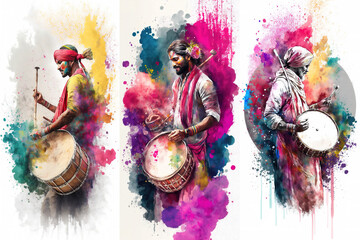 Banner celebration of Holi festival of colors with three Indian musicians playing traditional instruments. Watercolor illustration. Generative AI illustration - obrazy, fototapety, plakaty