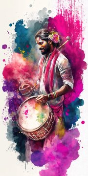 Watercolor Illustration Of Indian Musician Playing Traditional Drums For Holi Festival. Vertical White Background. Generative AI