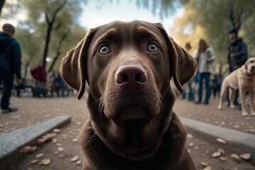 Lovely brown Labrador close up low angle view at the park. Generative AI