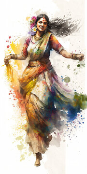 Happy young Indian woman dancing. Watercolor style illustration generated by AI.
