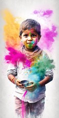 Indian little boy in Holi festival over white background. abstract watercolor illustration. Generative AI vertical