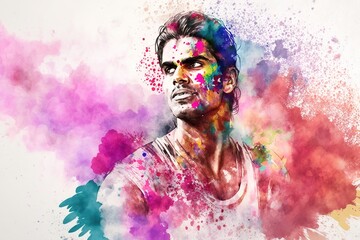 Watercolor portrait of young adult Indian guy. Generative AI illustration