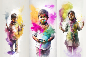 Triptych banner of happy Indian children celebrating Holi festival of colors. Watercolor painting style. Generative AI illustration