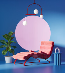3d render of an 80s vibrant interior in Memphis style with arched wall, blue and pink colours, a ficus lyrata and a terrazzo floor   © Michael