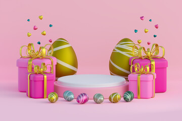 Pink and white podium with pink background and Easter eggs. 3d render illustration